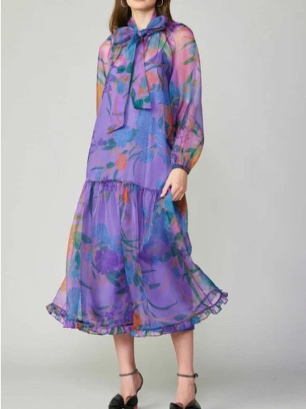 Current Air Purple Floral Tie-Neck Maxi Dress